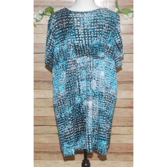 Woman Within Knit Top Short Sleeve Stretch Size 1X 22W 24W Aqua & Black Print - Picture 6 of 11